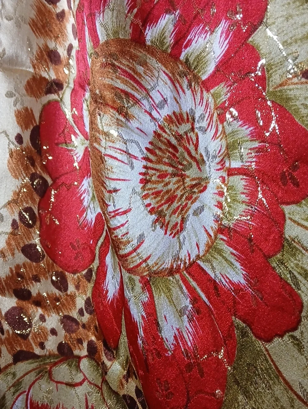 Womens Floral Silk Scarf Metallic Gold 34 Inch Square Orange Red